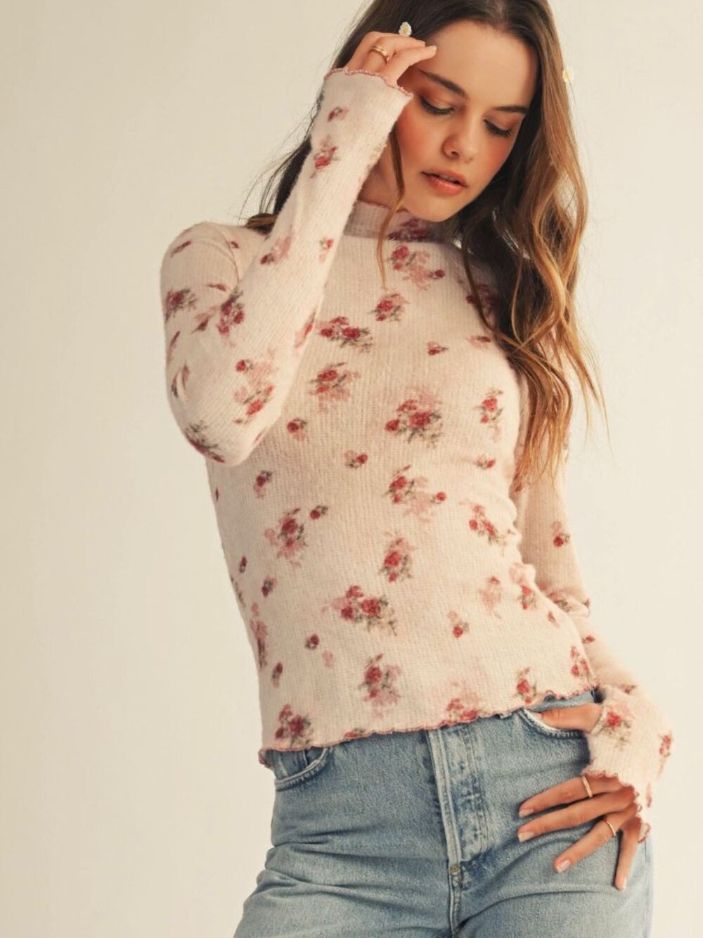 Floral Ribbed Long Sleeve Top